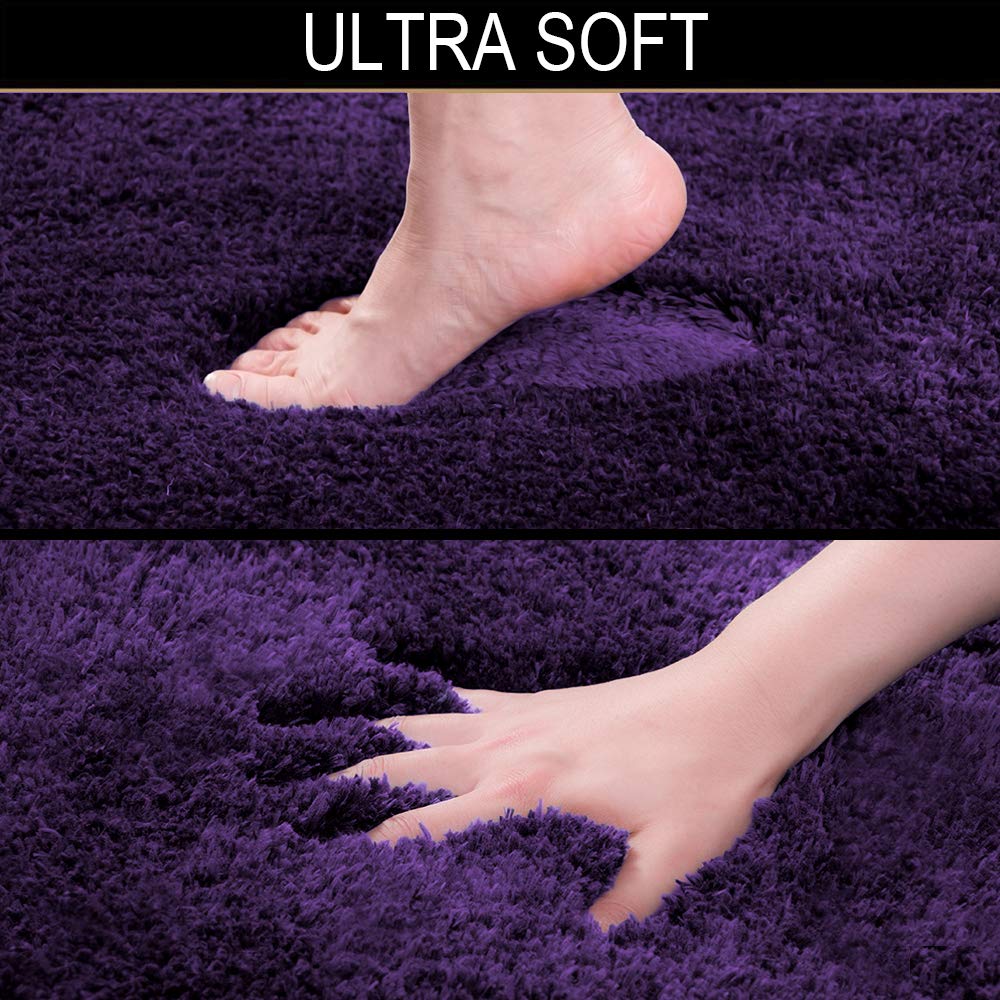 Walensee Shaggy 2 Piece Bath Rug Sets (Dark Purple) 20 X 24 U Shape Contour Rug & 20 X 32 Bathroom Rug Machine Wash/Dry Bath Mat